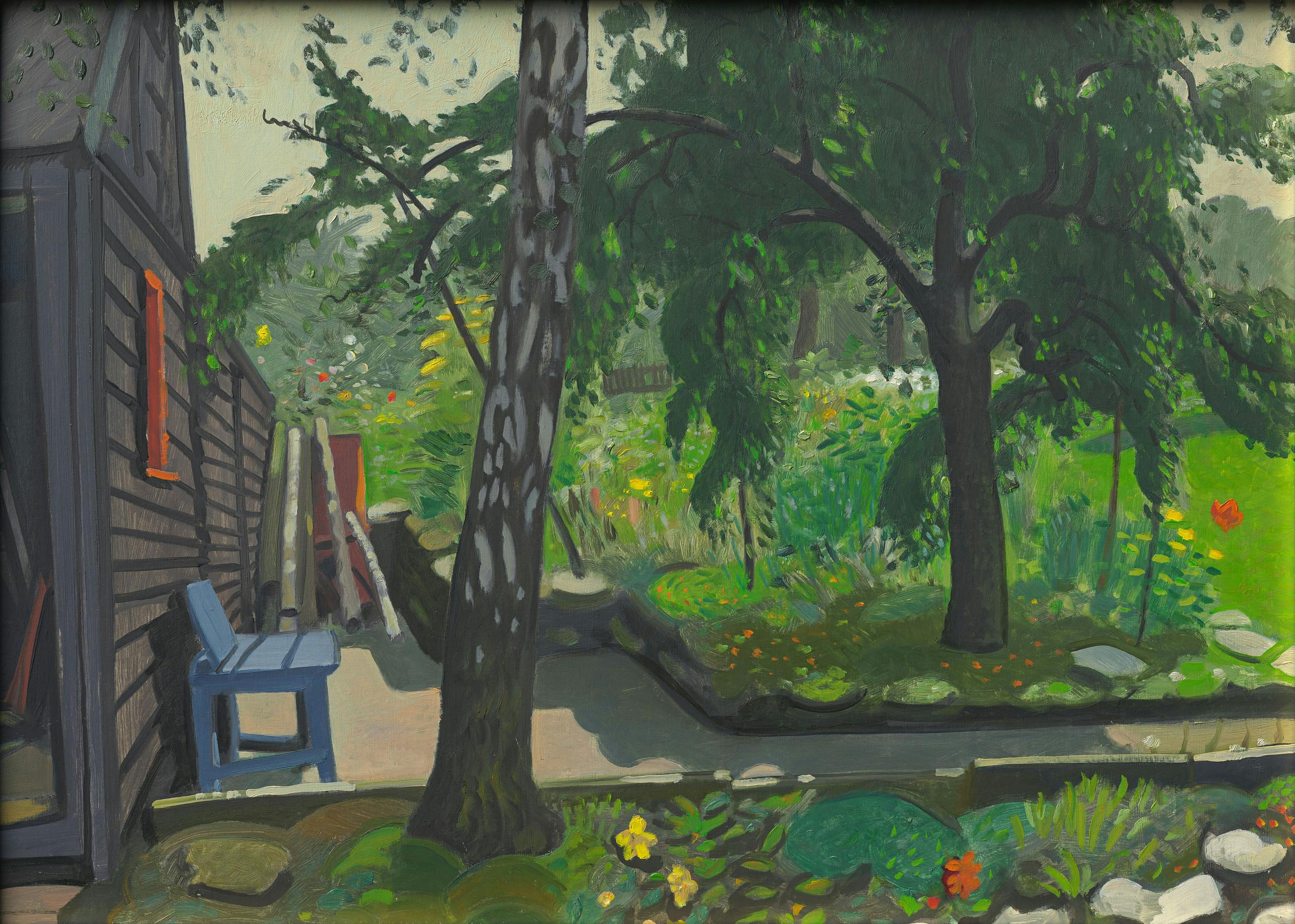 Painting of a summer garden. On the left there is a dark wall of a wooden house with a blue bench in front of it, to the right there is a green meadow with individual colorful flowers and tall green trees. 