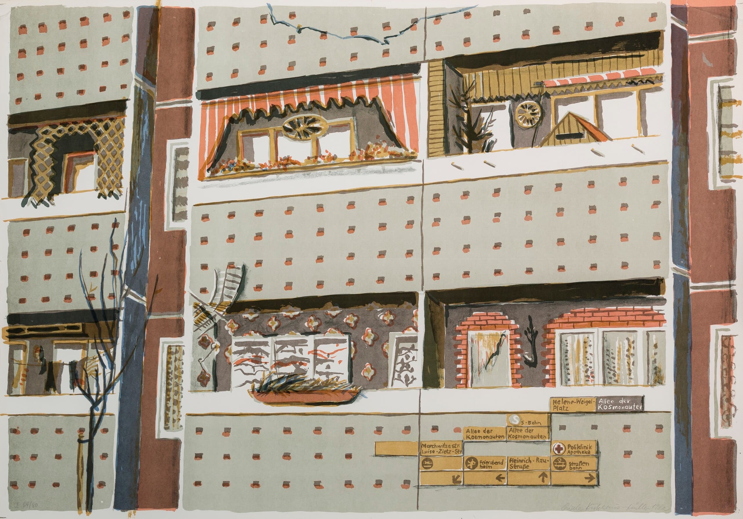 Lithografie: Fassade eines Plattenbaus mit unterschiedlich dekorierten Balkonen. Die Farbtöne grau, rostbraun und gelb dominieren. 