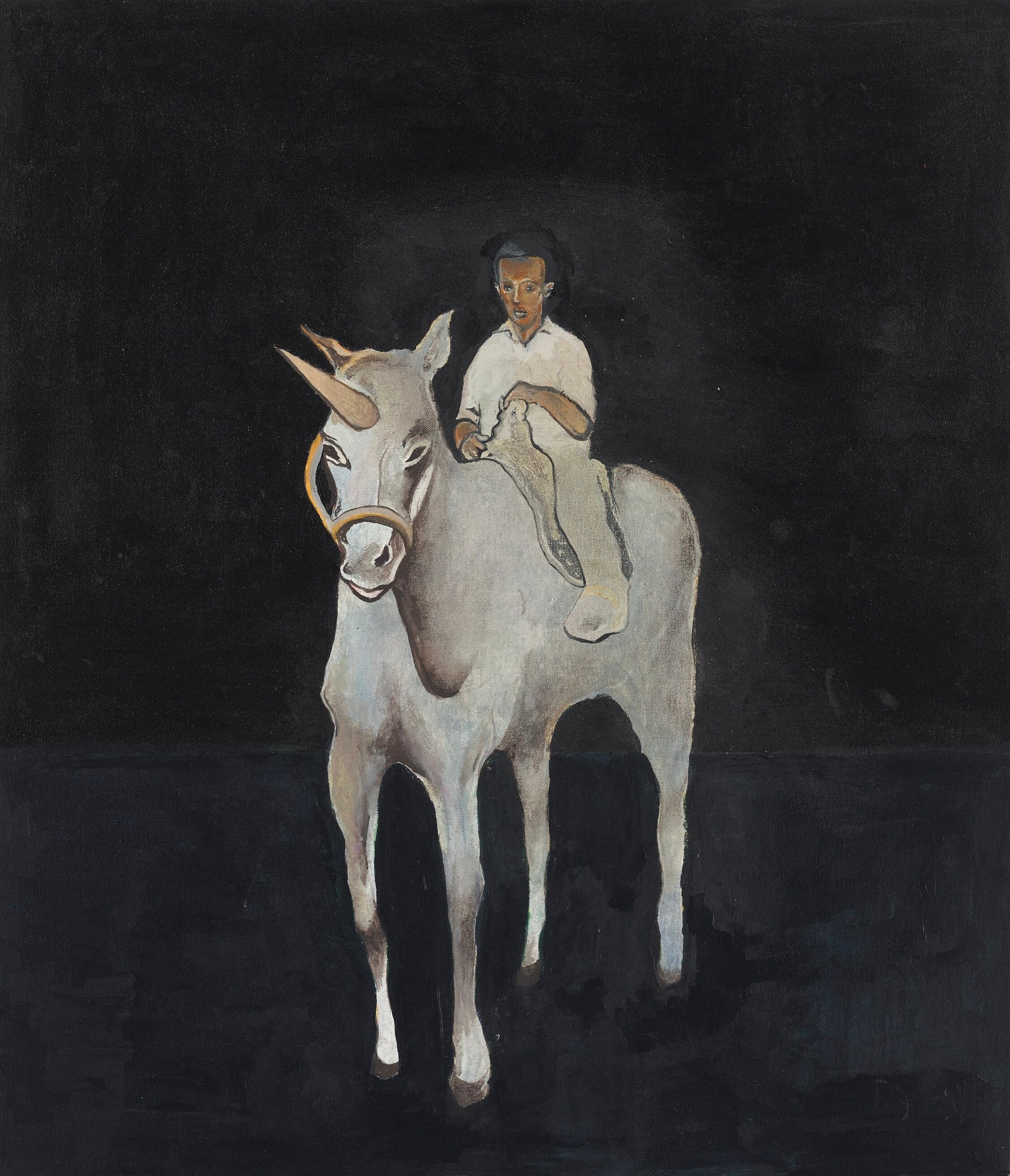 Painting: A young man sits on a light gray unicorn, surrounded by a flat, black background. The unicorn wears only half of a bridle and a vaguely suggested saddle. 