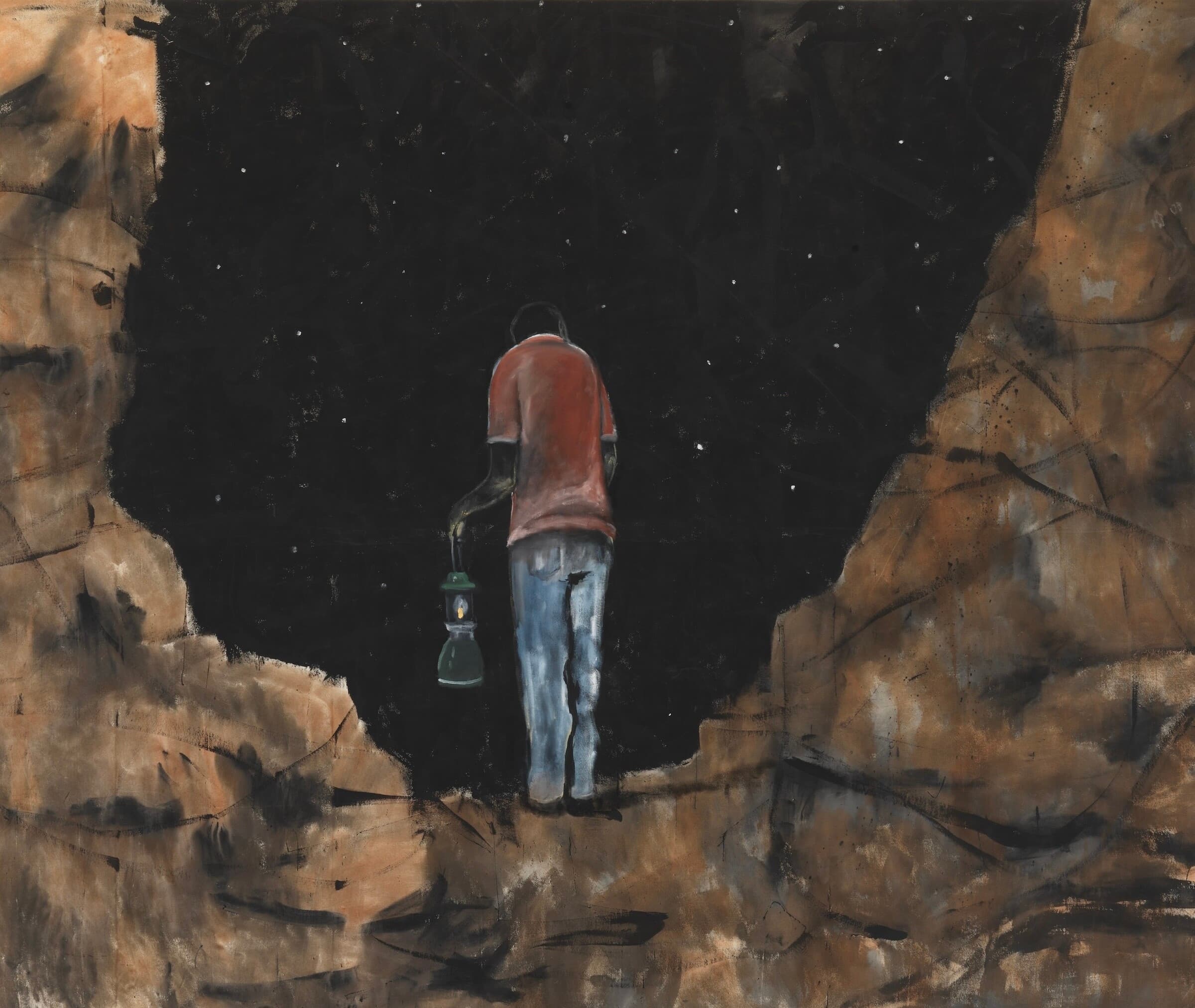 Painting: A human stands on a rocky precipice and looks up into the deep black starry sky full of stars. He is depicted as a back figure and holds a barely glowing oil lamp in his left hand. 