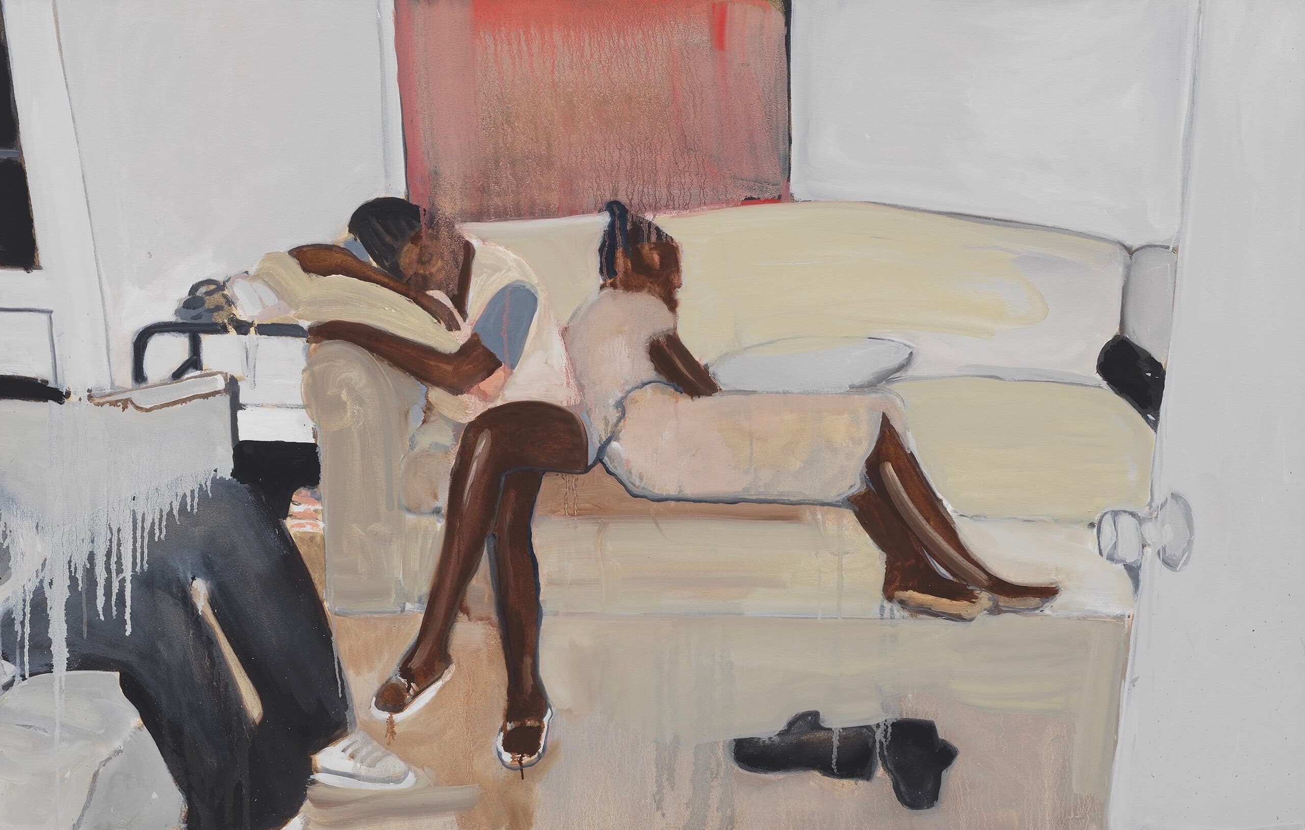 Painting: An open door provides a glimpse into the living room. Two Black girls are sitting back to back on a beige couch while they sleep. On the left, the legs of a third person are visible. 