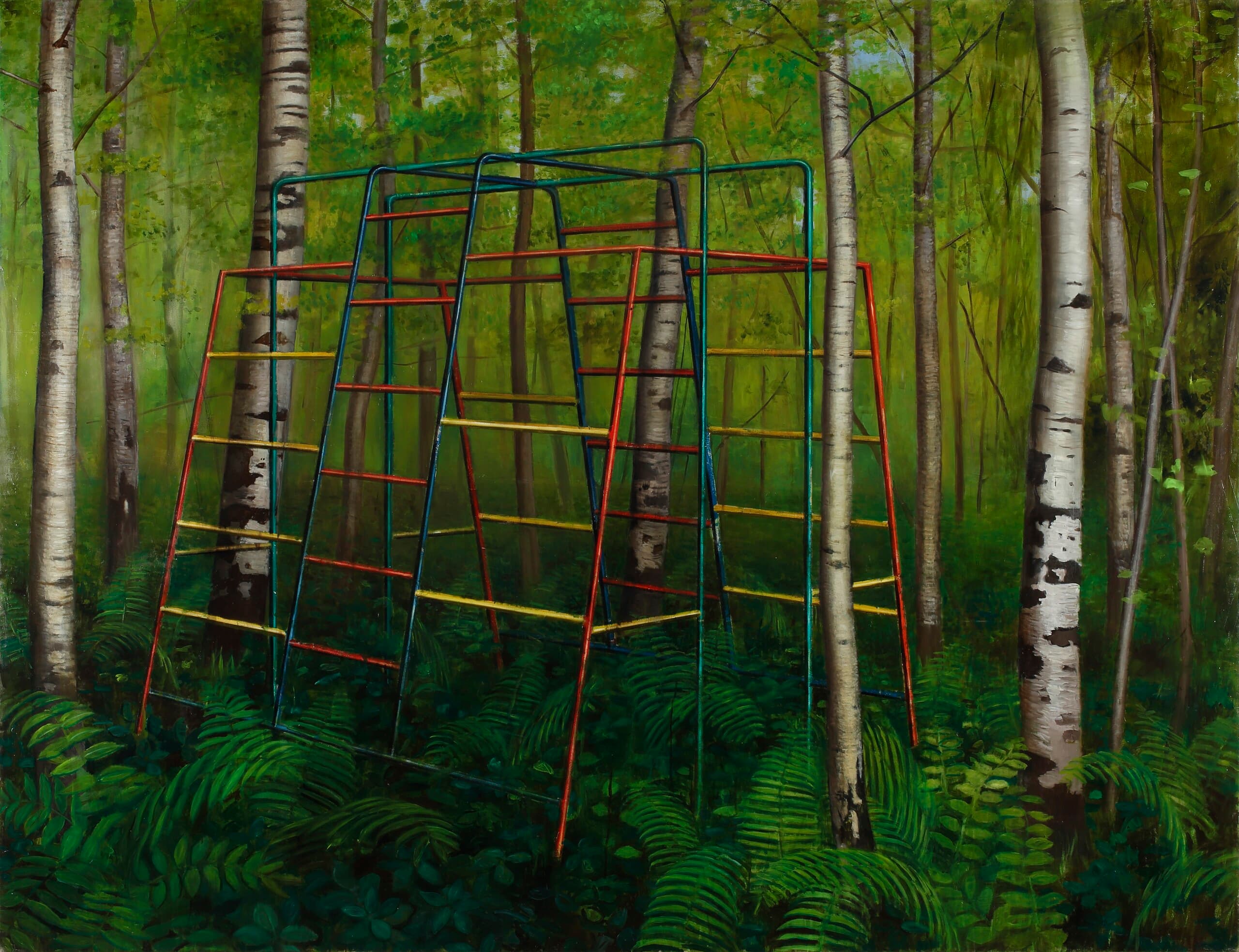 Painting: a climbing frame stands between the trees in a dark, green birch forest.
