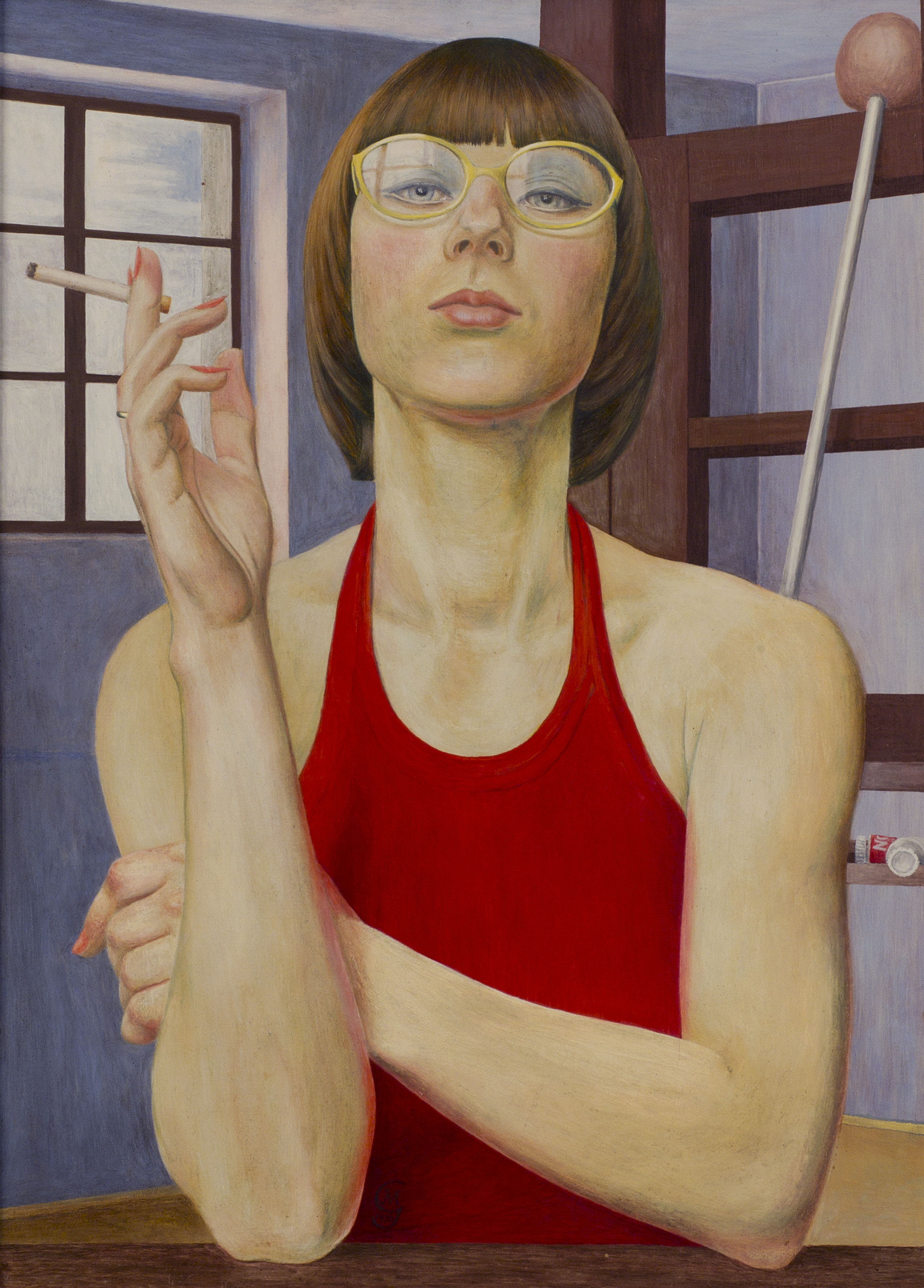 Painting: a woman with chin-length brown hair and glasses looks confidently out of the picture from the front. Her sleeveless top is red. One arm is propped up and she is holding a cigarette in her hand. There is an easel in the background. 