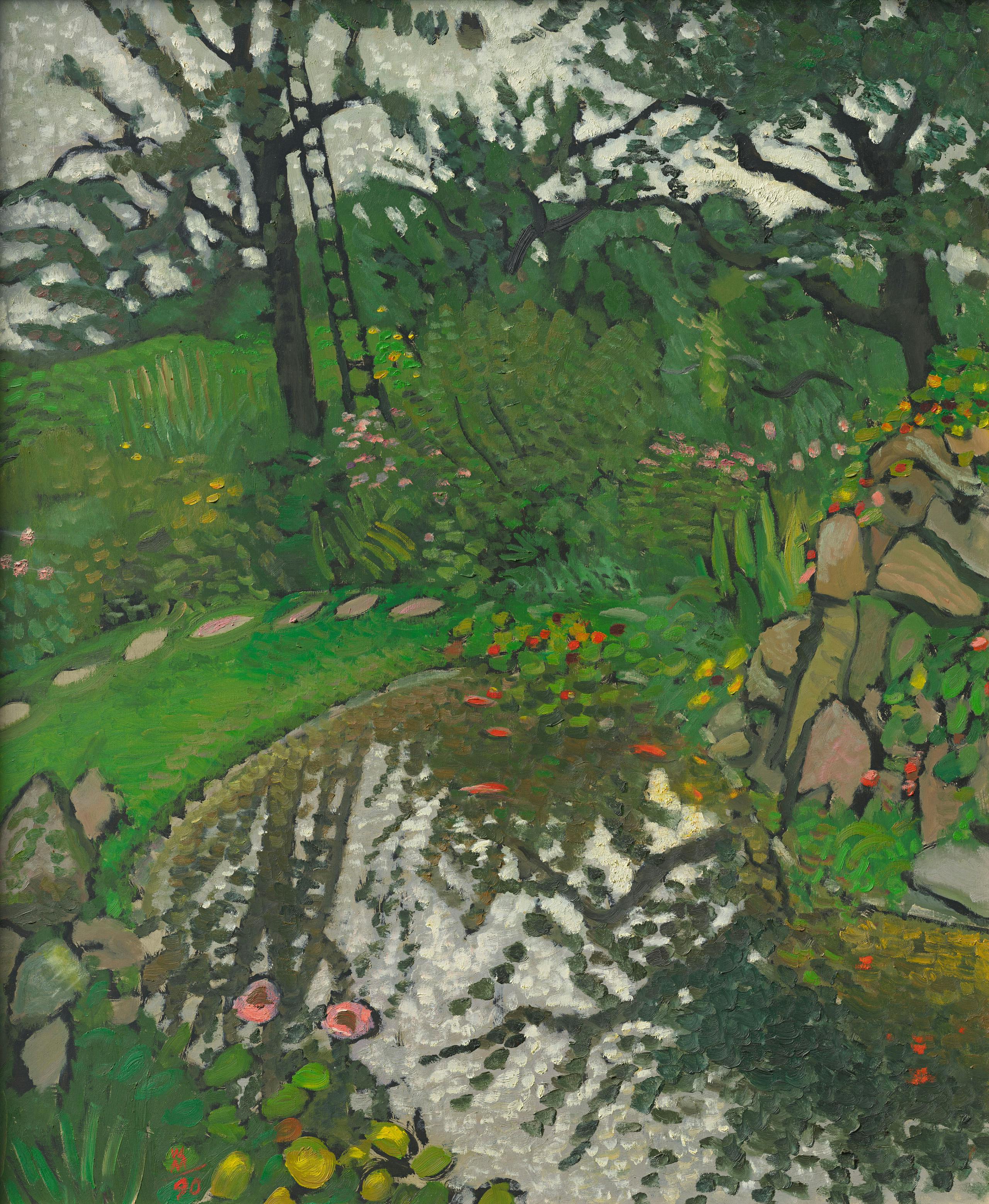 Malerei: Ein Garten in voller Blüte, mit einem Teich, in dem sich die Bäume spiegeln. An einem Baum lehnt eine Leiter.