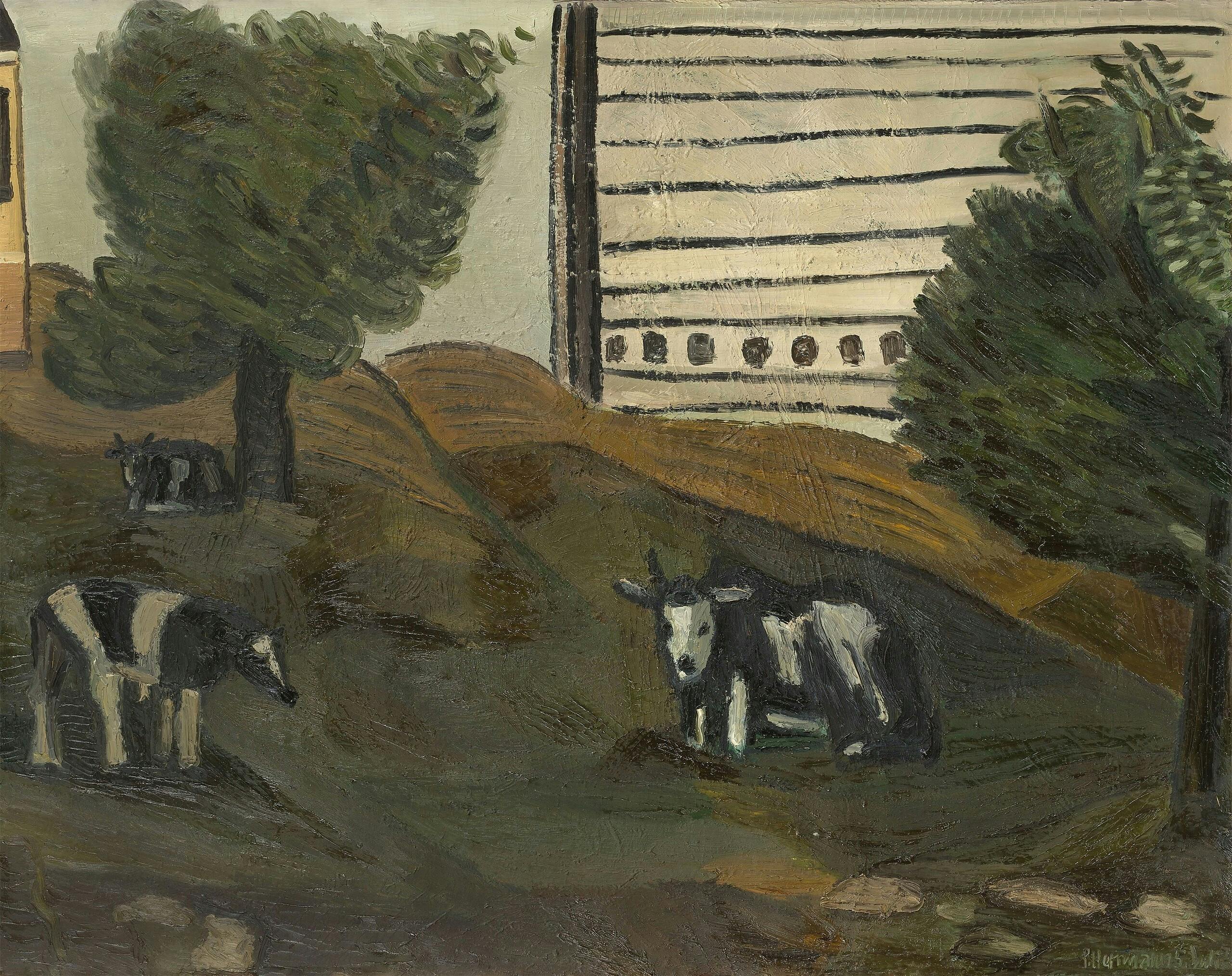 Painting: Three cows graze on a hilly meadow with trees. A huge skyscraper appears on the horizon, implied by simple brushstrokes.