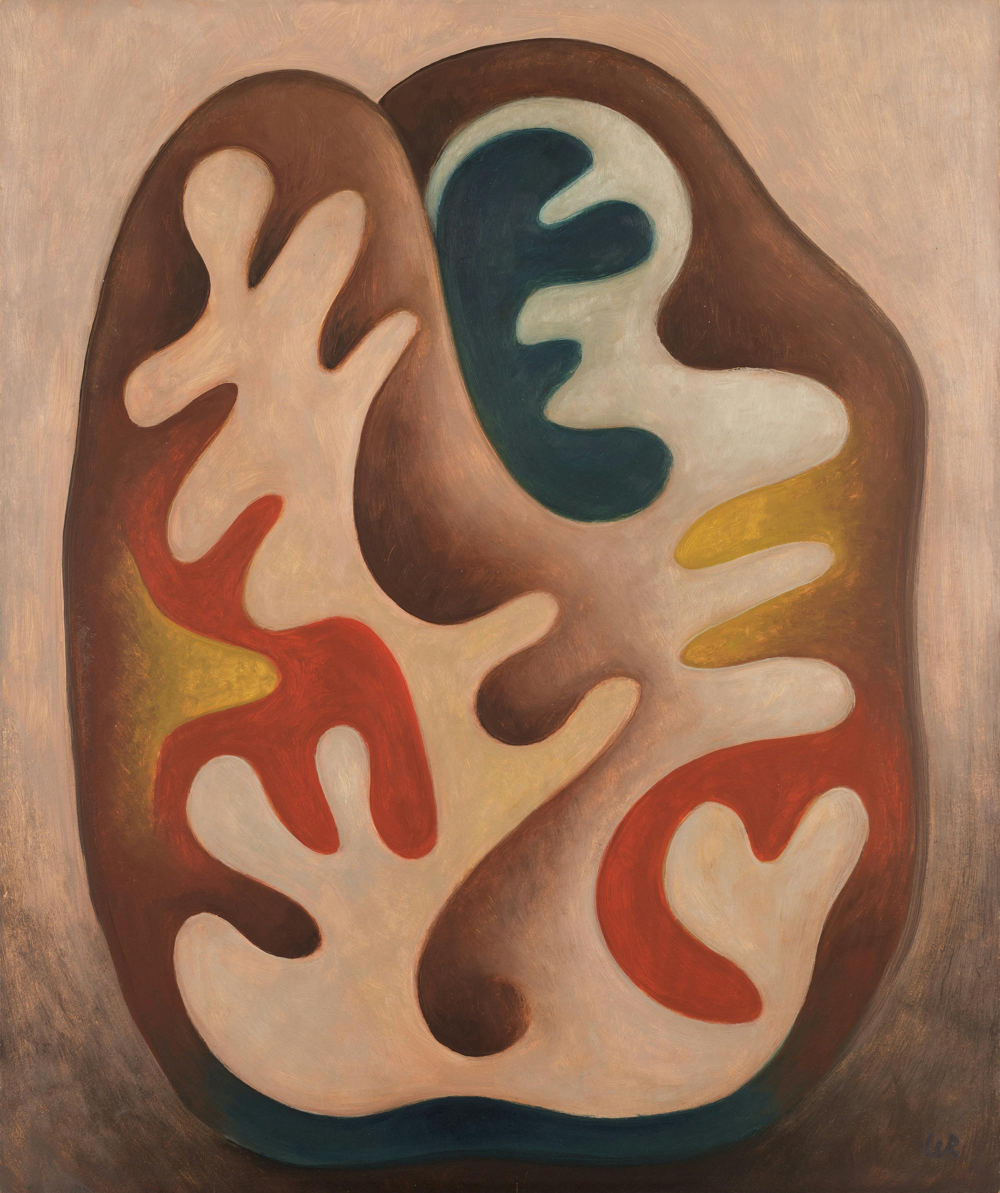 Gemälde eines abstrakten Gebildes aus runden Formen in verschiedenen Farben, die ineinandergreifen. 