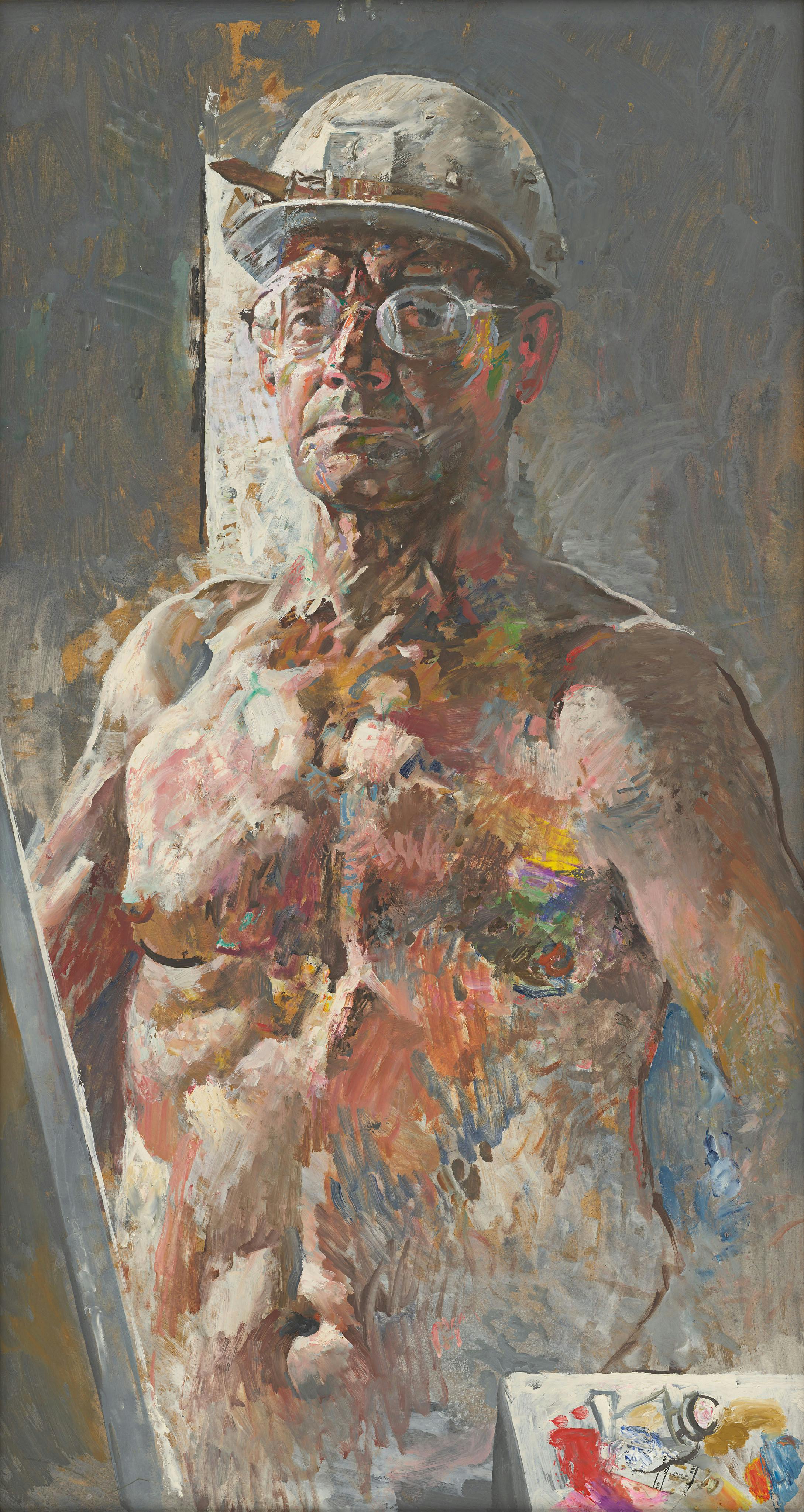 Painting: an undressed man is depicted with loose brushstrokes in a frontal view up to waist height. He wears a construction worker's helmet and holds a paint tube in his hand.