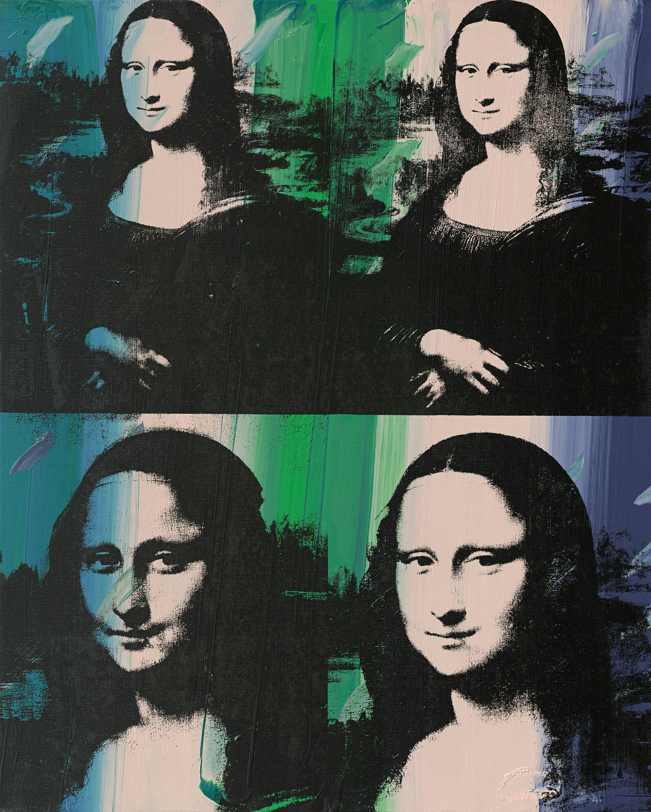 Farbige Druckgrafik: die berühmte Mona Lisa von Leonardo da Vinci ist viermal abgebildet: oben zweimal und darunter zweimal. Großflächig darübergelegte Farbbahnen in Blau- und Grüntönen verfremden das Gemälde.
